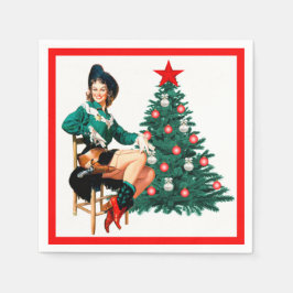 Guardanapo De Papel Vintage Cowgirl Com Árvore De Natal Em Branco