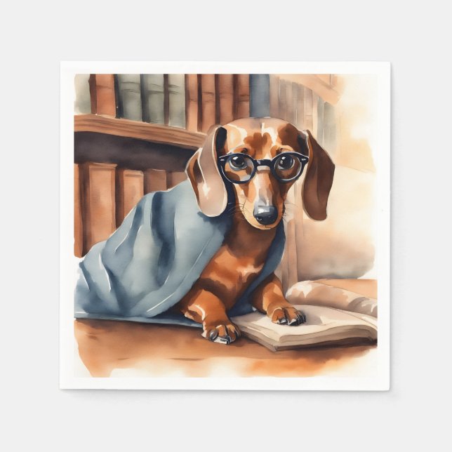 Guardanapo De Papel Vintage Dachshund na Biblioteca Antiga (Frente)