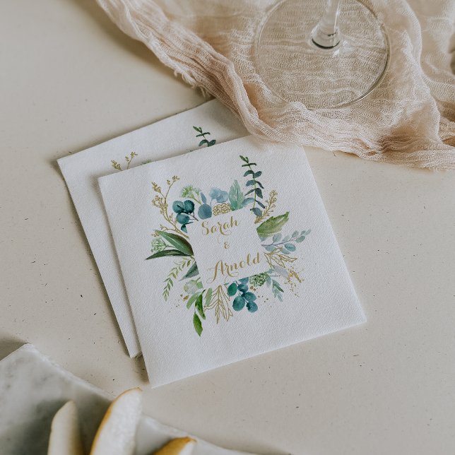 Guardanapo De Papel Vintage Dourado e Eucalyptus Verde Casamento Napki (Criador carregado)