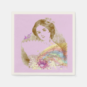 Guardanapo De Papel Vintage Fan Lady Pink Ecru Papel Cocktail Napkins