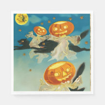Vintage Halloween Pumpkin Fantasmas e Gatos Negros