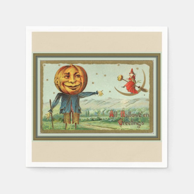 Guardanapo De Papel Vintage Halloween Scarecrow e Bruxa (Frente)