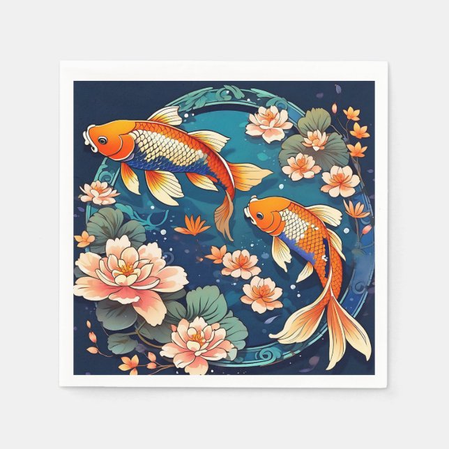 Guardanapo De Papel Vintage Koi Fish no Indigo (Frente)
