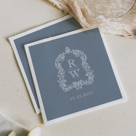 Guardanapo De Papel Vintage Monograma Crest Dusty Blue Casamento