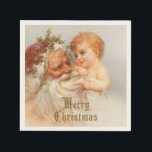 Guardanapo De Papel Vintage Papai Noel com Criança Sorridente<br><div class="desc">Uma bela ilustração do velho mundo mostrando o Santo Nicholas segurando uma criança sorridente com cotovelos ouros puxando seus sussurrantes brancos. Dourado estilo inglês Feliz texto de Natal (opcional).</div>