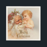 Guardanapo De Papel Vintage Papai Noel com Criança Sorridente<br><div class="desc">Uma bela ilustração do velho mundo mostrando o Santo Nicholas segurando uma criança sorridente com cotovelos ouros puxando seus sussurrantes brancos. Dourado estilo inglês Feliz texto de Natal (opcional).</div>