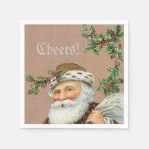 Vintage Papais noeis e Holly no papel Kraft Napkin