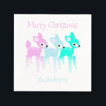 Guardanapo De Papel Vintage Pastel Deer Cute Christmas Personalizado<br><div class="desc">Crie alguns guardanapos personalizados que são perfeitos para a sua festa de férias. Inspirados pela decoração de natais vintages, estes guardanapos de papel apresentam ilustrações de três filhotes de cozinha ou veados de bebês em cores retrógradas de rosa, azul claro e verde-menta. O texto desses guardanapos está pronto para ser...</div>