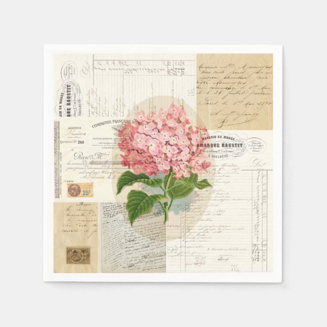 Guardanapo De Papel Vintage Pink Hydranga Francesa Ephemera Napkins (Frente)