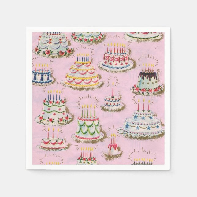 Guardanapo De Papel Vintage Retro Happy Birday Cakes (Frente)