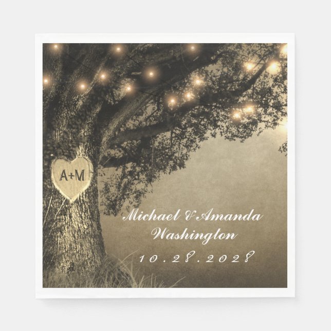 Guardanapo De Papel Vintage Rustic Carved Oak Tree Weding (Frente)