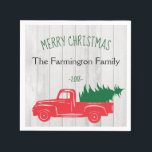 Guardanapo De Papel Vintage Rustic Persontic Christmas Napkins<br><div class="desc">Vintage Rustic Personalised Paper Napkins apresenta um caminhão de coleta vermelho vintage com uma árvore de Natal no fundo. Lenha rustica de madeira,  personalize com sua família ou nome comercial. Parte de uma coleção.</div>