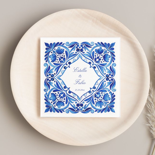 Guardanapo De Papel Vintage Talavera Azulejo azulejo impresso (Vintage Talavera Azulejo blue tile wedding monogram printed Napkins template personalized table deco)