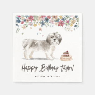 Guardanapo De Papel Vintage Watercolor Cinza Shih Tzu Birthday
