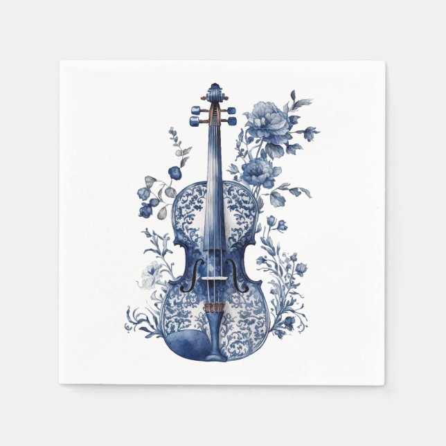 Guardanapo De Papel Violino do estilo Delft azul e branco com flores (Frente)