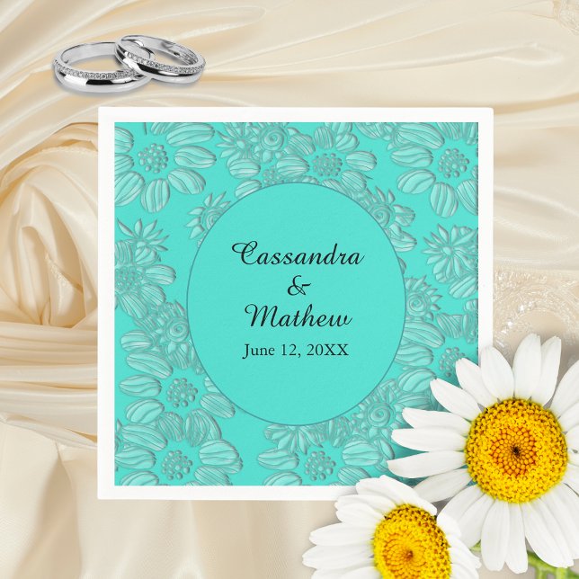 Guardanapo De Papel Visitas Elegantes no Casamento Floral Turquesa (Elegant Daisies in Floral Turquoise Wedding Napkins)