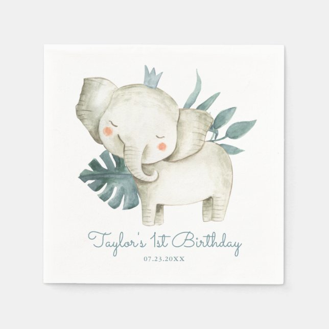 Guardanapo De Papel Watercolor Baby Elephant Prince Tropical Birday (Frente)