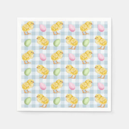 Guardanapo De Papel Watercolor Chick And Eggs On Blue Gingham Pattern