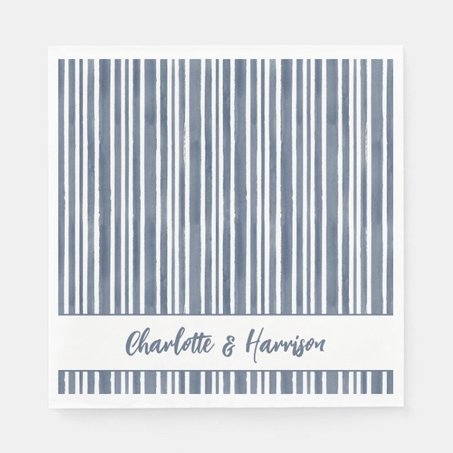Guardanapo De Papel Watercolor Coastal Seascape Blue Striped Wedding  (Frente)