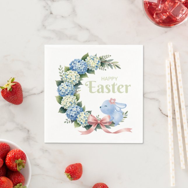 Guardanapo De Papel Watercolor Easter Hydrangea Wreath Cute Bunny (Insitu)