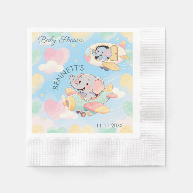 Guardanapo De Papel Watercolor Elephant Airplane Baby Shower Napkin (Frente)