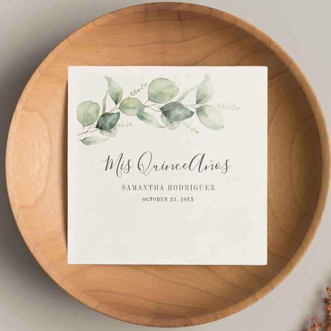 Guardanapo De Papel Watercolor Eucalyptus 15 Birthday Quinceanera (Watercolor Eucalyptus 15th Birthday Quinceanera Paper Napkins)