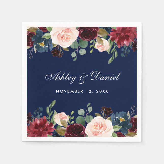 Guardanapo De Papel Watercolor Floral Burgundy Blue (Frente)