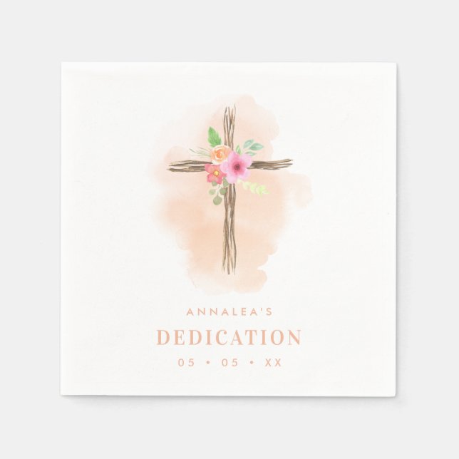 Guardanapo De Papel Watercolor Floral Cross Baby Dedication (Frente)