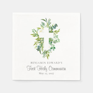 Guardanapo De Papel Watercolor Floral Cross Greenery Primeira Comunhão