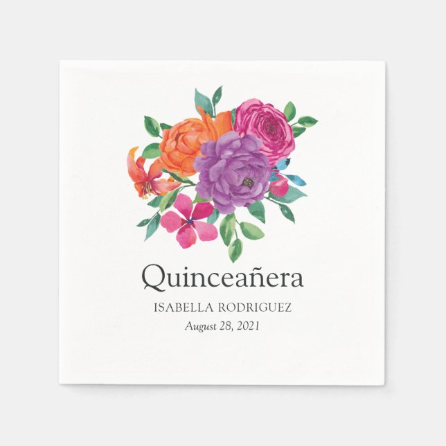 Guardanapo De Papel Watercolor Floral Fiesta Quinceañera (Frente)