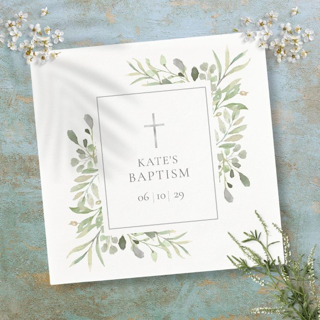 Guardanapo De Papel Watercolor Greenery Baptism Christening (Watercolor Greenery Baptism Christening Napkins)