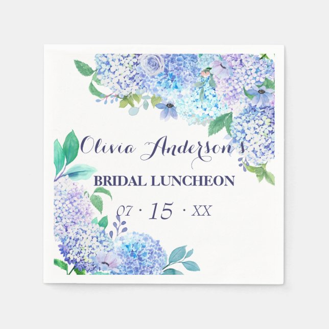 Guardanapo De Papel Watercolor Greenery Blue Hydrangea Bridal Luncheon (Frente)
