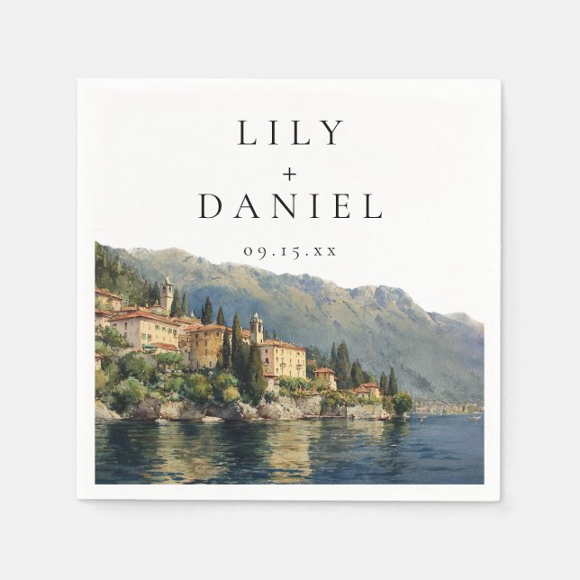Guardanapo De Papel Watercolor Lake Como Destino Italiano Casamento (Frente)