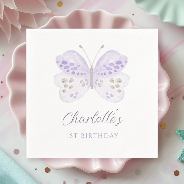 Guardanapo De Papel Watercolor Lavender Butterfly 1st Birthday Party (Criador carregado)