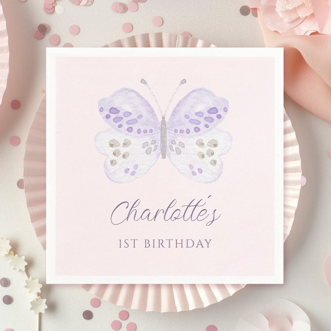 Guardanapo De Papel Watercolor Lavender Butterfly 1st Birthday Party  (Criador carregado)
