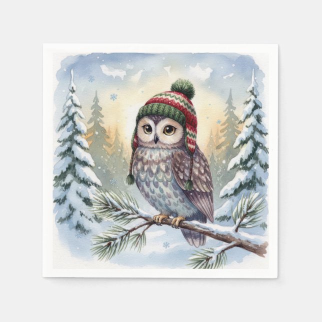 Guardanapo De Papel Watercolor Owl In Winter Hat (Frente)