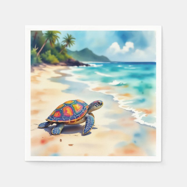 Guardanapo De Papel Watercolor Sea Turtle On a Beach (Frente)