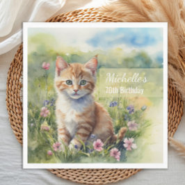 Guardanapo De Papel Watercolor Tabby Cat Pet Meadow 70th Birthday