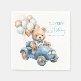 Guardanapo De Papel Watercolor Teddy Bear Driving Car First Birthday