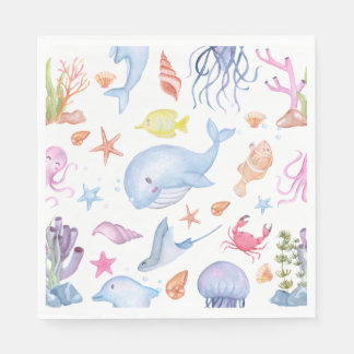 Guardanapo De Papel Watercolor Under the Sea Cute Ocean Animals Party 