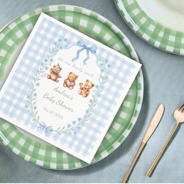 Guardanapo De Papel We Can Bearly Wait Blue Gingham Baby Shower  (Criador carregado)