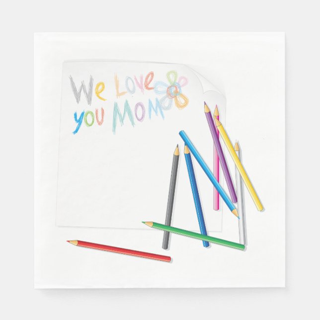 Guardanapo De Papel We Love You Mom Hand-Drawn Crayon Art (Frente)