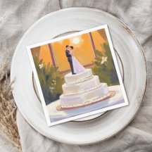 Wedding Cake Bride & Groom Brunette Watercolor