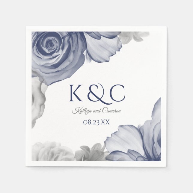 Guardanapo De Papel Wedding Napkins | Buquê de Aquarela (Marinho Azul) (Frente)