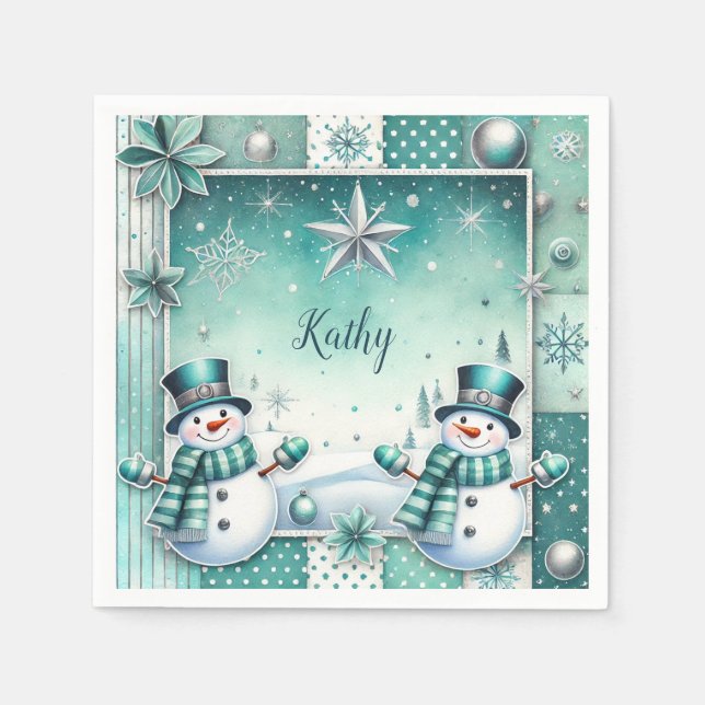Guardanapo De Papel  Weihnachten: Schneemänner türkise (Frente)