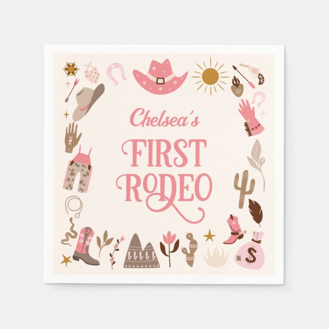 Guardanapo De Papel Western First Rodeo Wildwest Cowgirl Pink Aniversá (Frente)