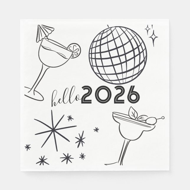 Guardanapo De Papel Whimiscal Doodles Hello 2026 New Years Gold (Frente)