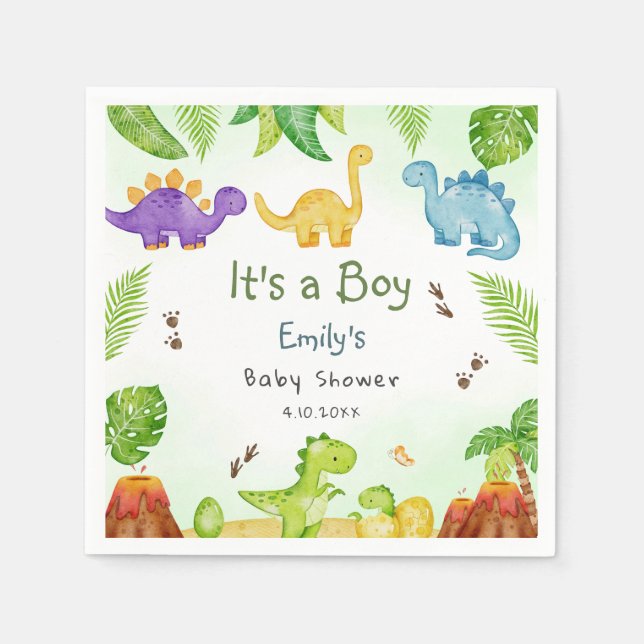 Guardanapo De Papel Whimsical Boho Watercolor Dinosaur Greenery Boy  (Frente)