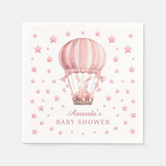 Guardanapo De Papel Whimsical Bunny Balloon Pink Stars Baby Shower (Frente)
