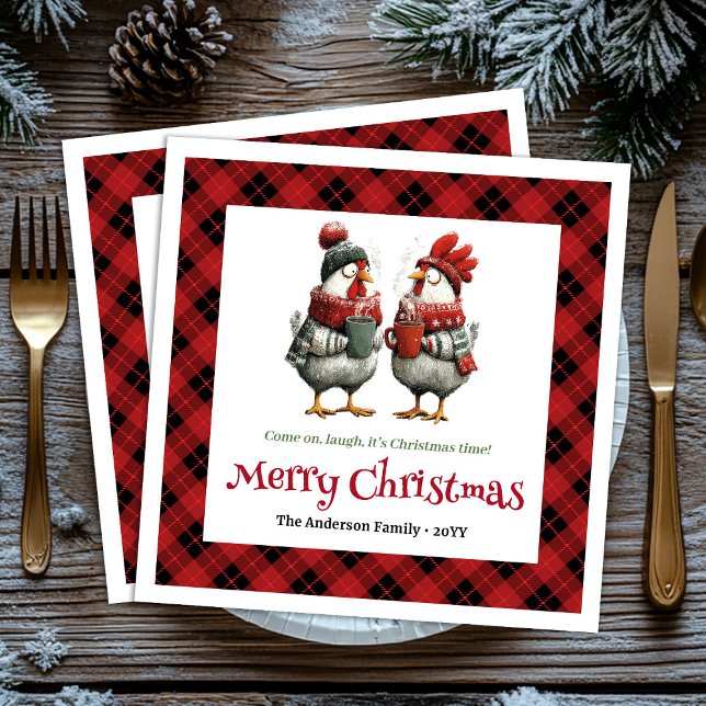 Guardanapo De Papel Whimsical festive chickens napkin with custom name (Modern Quirky Chickens Editable Cartoon Red Green Christmas Napkins

)